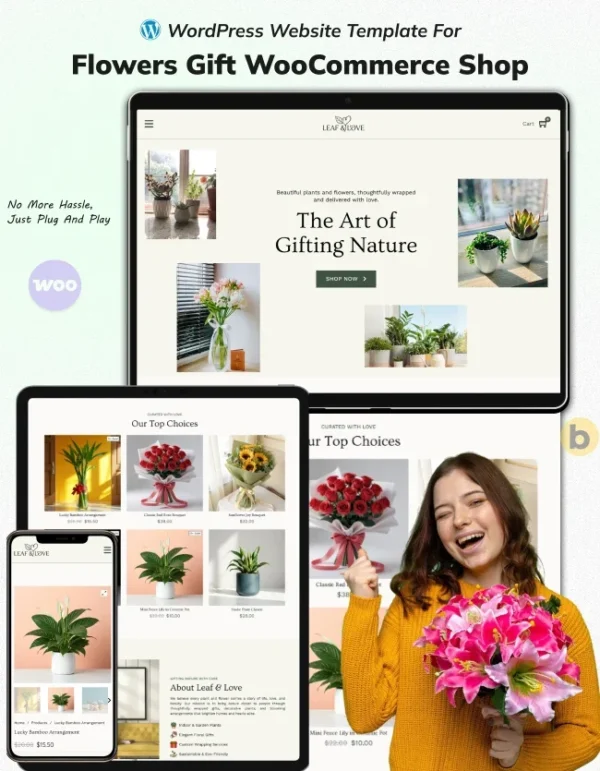 WooCommerce flower shop website template mockup with responsive design