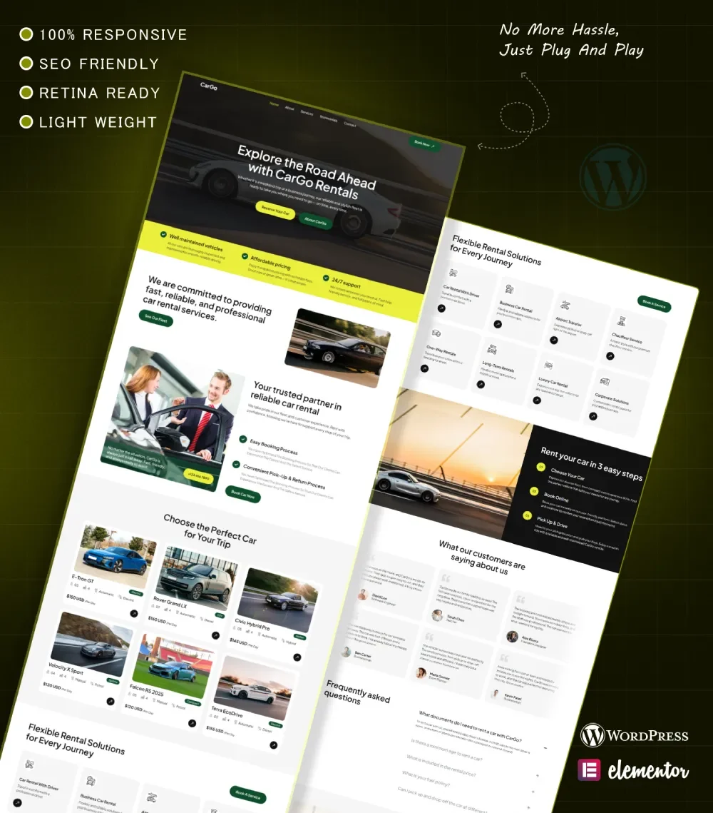 “Modern car rental website template with easy booking and responsive layout
