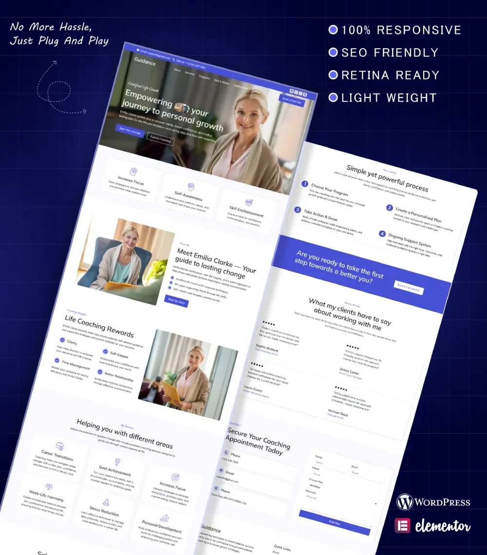 “Life coach WordPress website template with Elementor for personal growth services