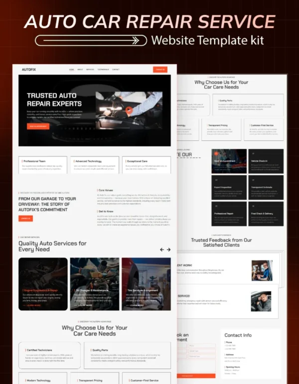 AutoFix car repair service website template kit with modern responsive design