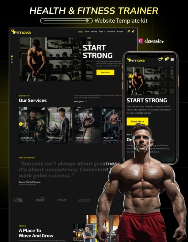 Fitnova Fitness Trainer WordPress Elementor Template Kit Cover