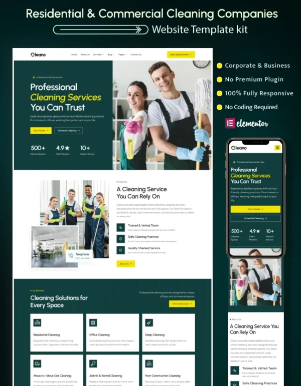 Cleano – Cleaning Services Elementor Template Kit Cover