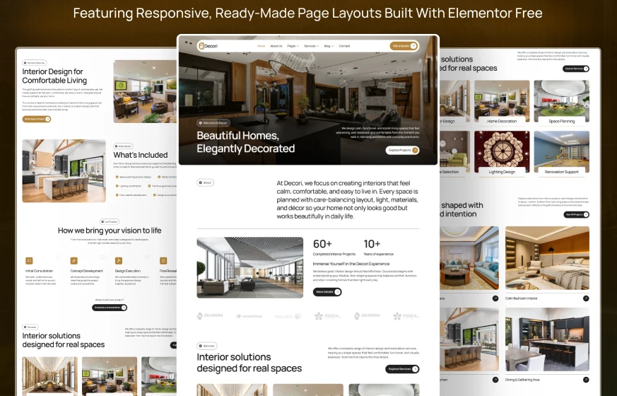 Decori interior design home decor furniture WordPress Elementor template kit inner pages