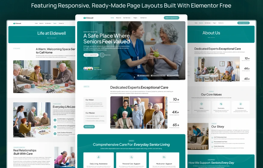 Eldewell senior care assisted living nursing home WordPress Elementor template kit inner pages