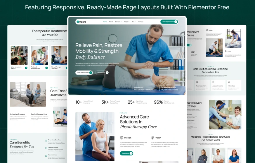 Flexra physiotherapy chiropractic rehabilitation WordPress Elementor template kit inner pages