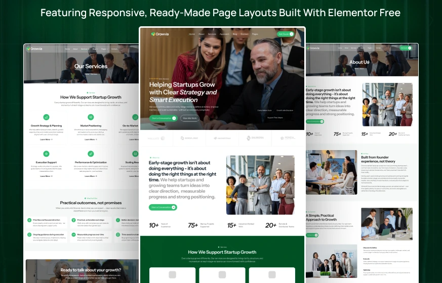 Growvia business consultant startup strategy consulting WordPress Elementor template kit inner pages