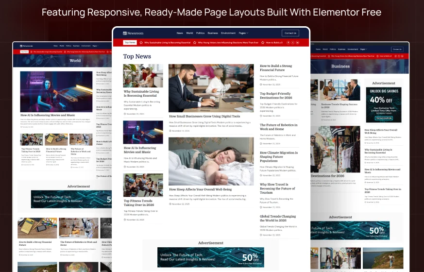 Newsroom news online magazine editorial WordPress Elementor template kit preview