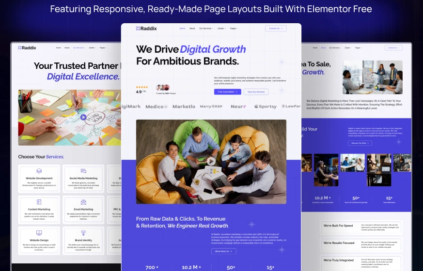 Raddix digital marketing agency SEO PPC branding WordPress Elementor template kit inner pages
