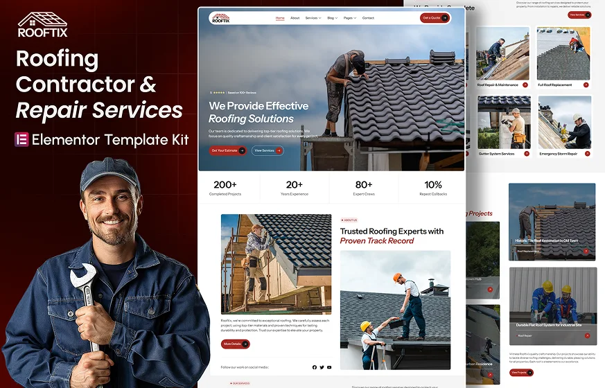 Rooftix roofing contractor roof repair installation WordPress Elementor template kit inner pages