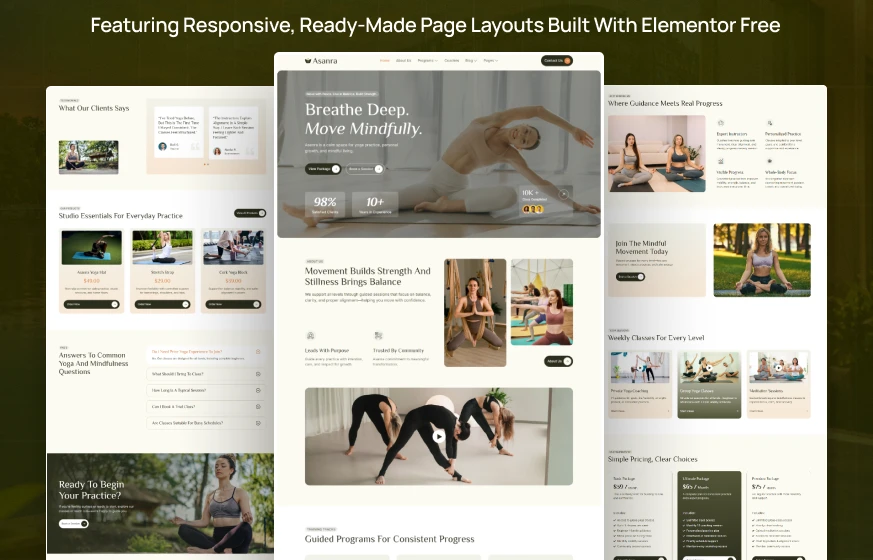 Asanra yoga studio meditation wellness WordPress Elementor template kit inner pages