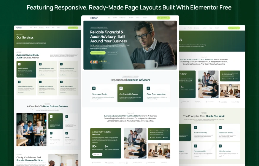Finor business consultant audit agency Elementor WordPress full website template kit preview