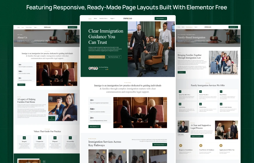 Immigo immigration law firm visa lawyer attorney WordPress Elementor template kit preview