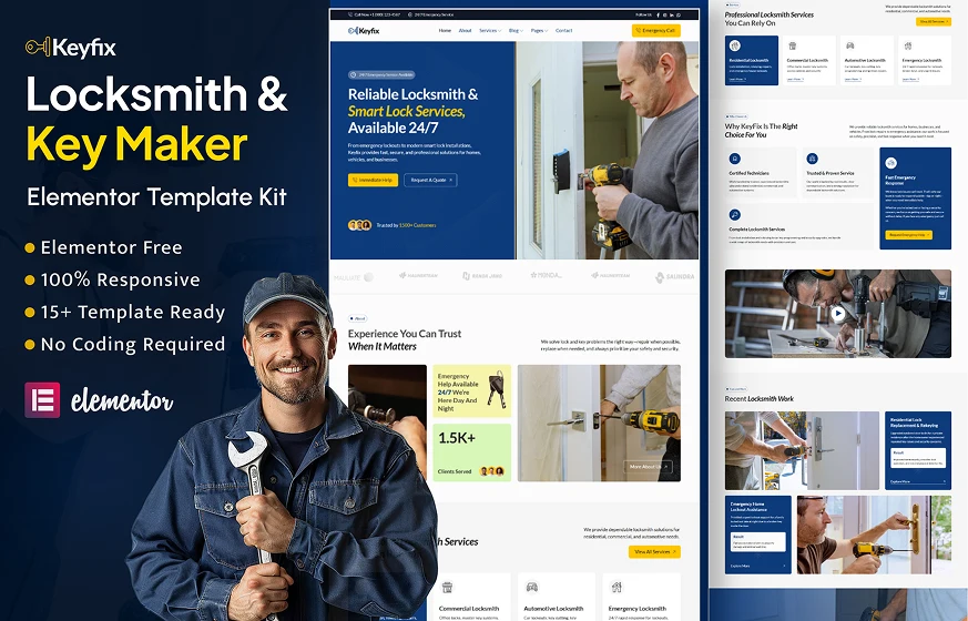Keyfix locksmith smart lock key replacement WordPress Elementor template kit inner pages