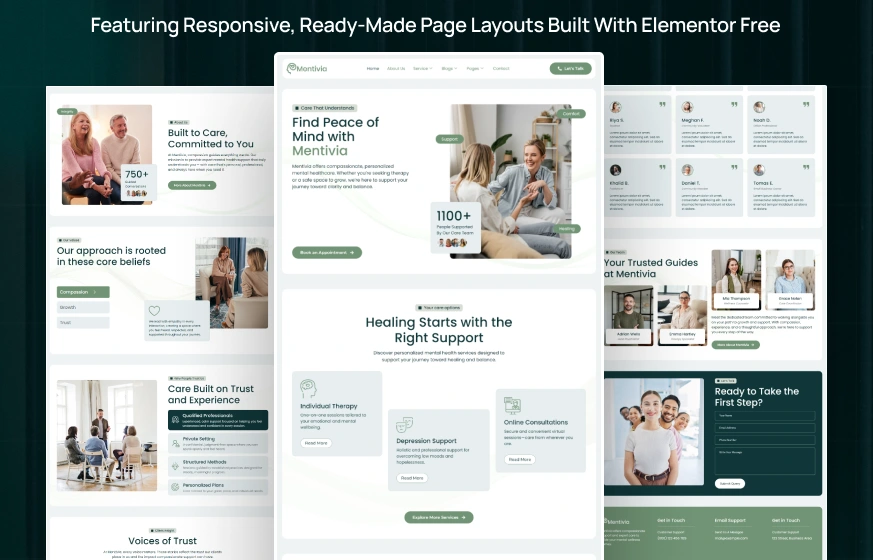 Mentivia mental health counseling therapy life coach WordPress Elementor template kit preview