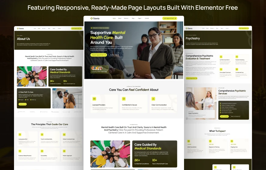 Savia mental health psychologist counseling therapy WordPress Elementor template kit inner pages