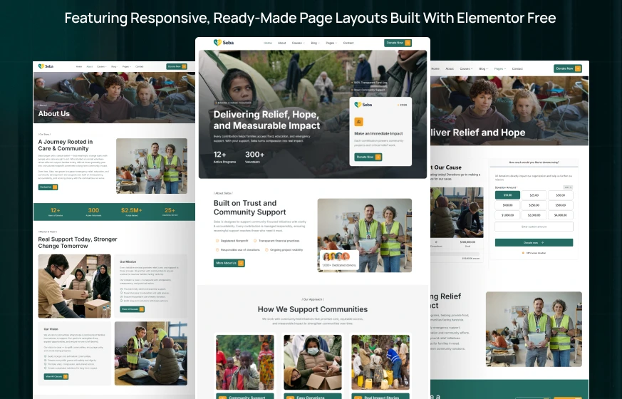 Seba nonprofit charity NGO donation fundraising WordPress Elementor template kit inner pages