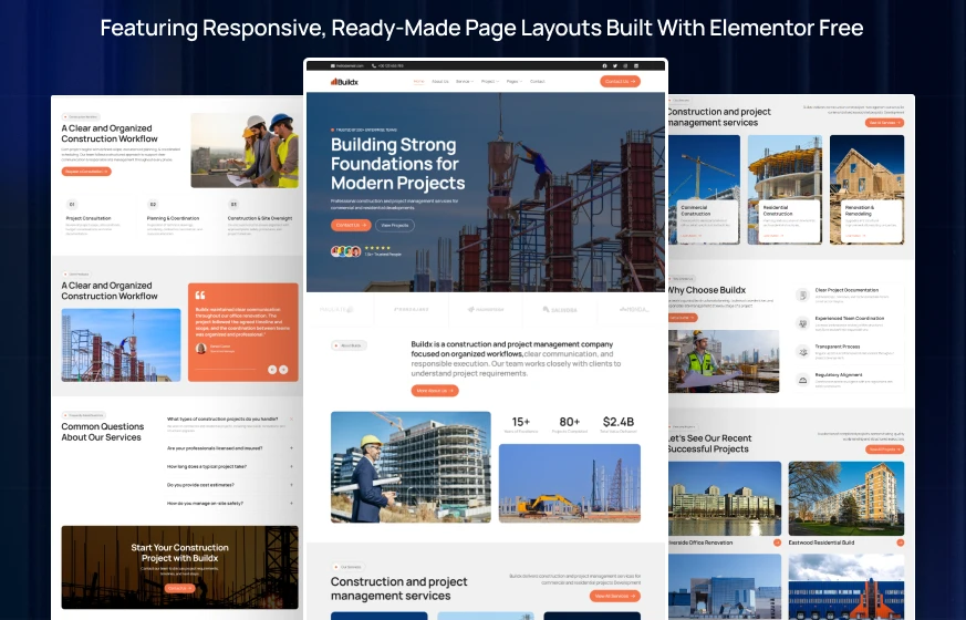 Buildx construction project management Elementor WordPress full website template kit inner pages