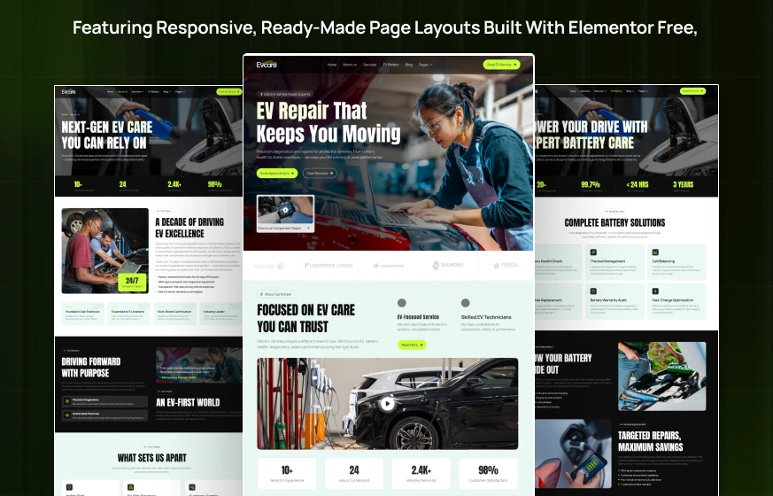 EVcare - Electric Car Service, EV Repair & Battery Maintenance WordPress Elementor Template Kit Inner