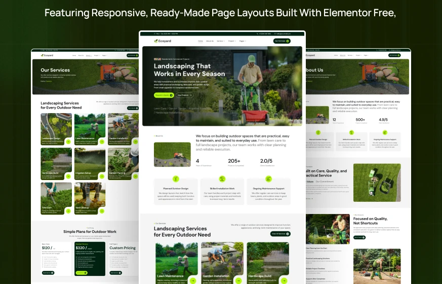 Ecoyard landscaping lawn care gardening WordPress Elementor template kit inner pages