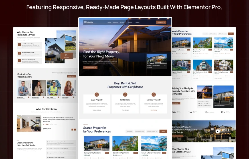 Estatia real estate agency property listing realtor WordPress Elementor Pro template kit inner pages