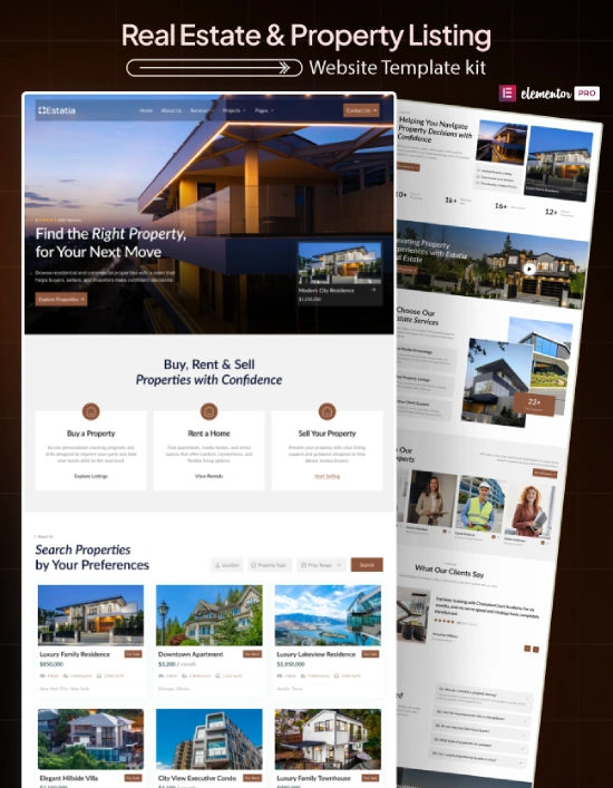 Estatia – Real Estate & Property Listing Elementor Pro Template Kit