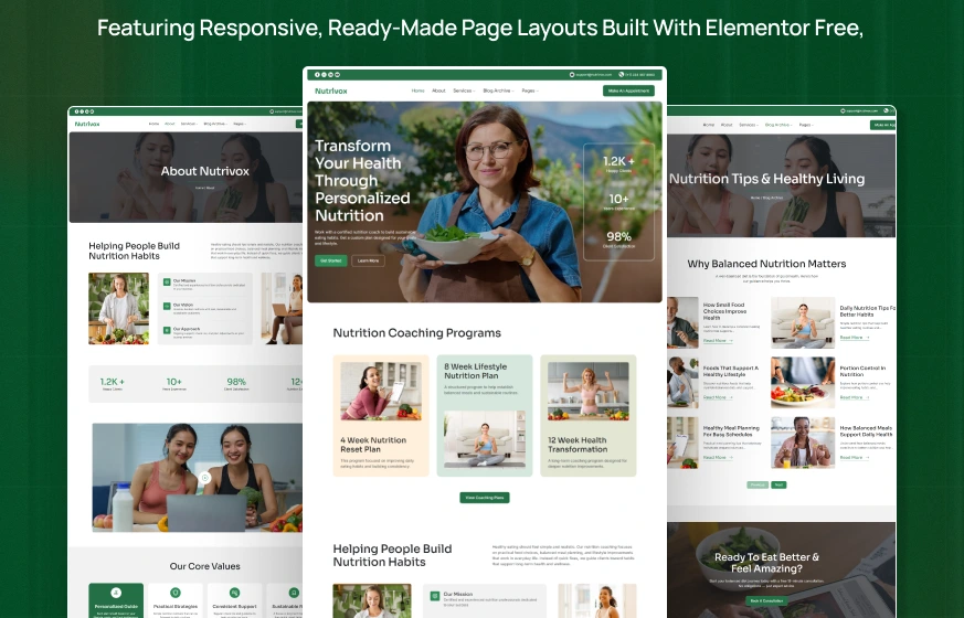 Nutrivox nutrition health coach dietitian wellness consultant WordPress Elementor template kit inner pages
