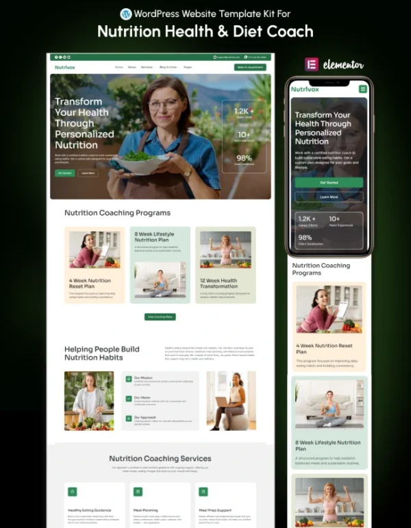 Nutrivox – Nutrition Health & Diet Coach Elementor Template Kit