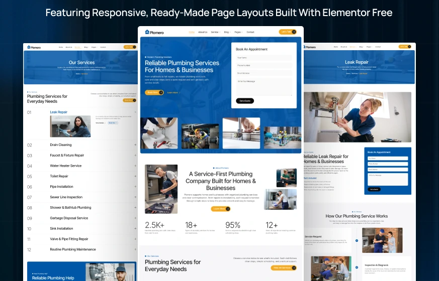 Plomero plumbing handyman home repair WordPress Elementor template kit inner pages