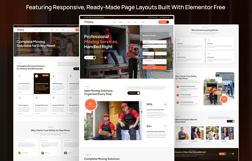 Shifty moving company packers movers relocation WordPress Elementor template kit inner pages