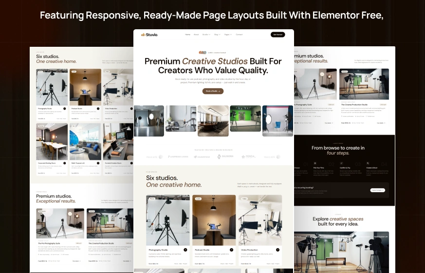 Stuvia photography studio creative studio rental podcast booking WordPress Elementor template kit inner pages