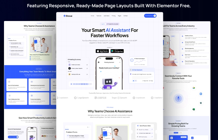 BrevAI mobile app SaaS product AI assistant WordPress Elementor template kit inner pages