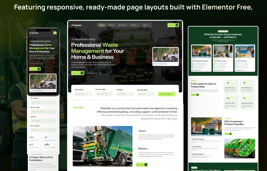 Cleanbin junk removal waste management dumpster rental WordPress Elementor template kit inner pages