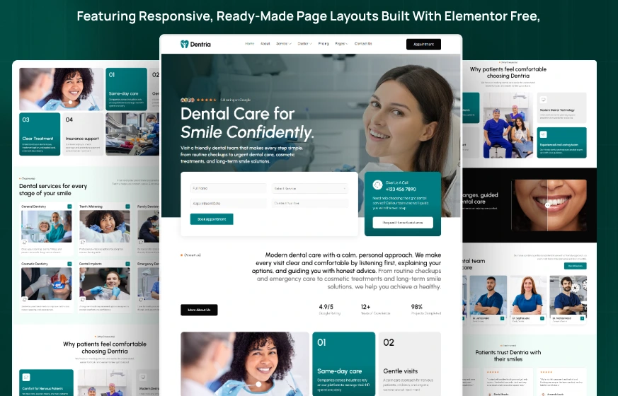 Dentria dental care dentist clinic oral health WordPress Elementor template kit inner pages