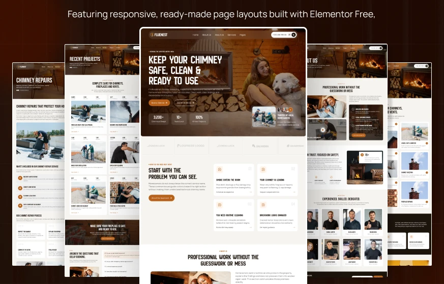 FlueNest chimney sweep fireplace repair inspection WordPress Elementor template kit inner pages