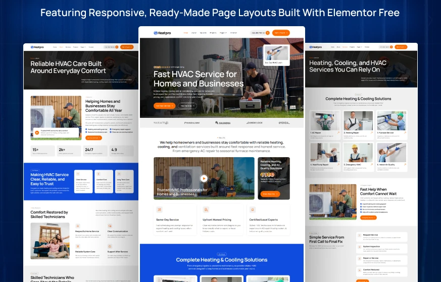 HeatPro HVAC services AC repair heating WordPress Elementor template kit inner pages