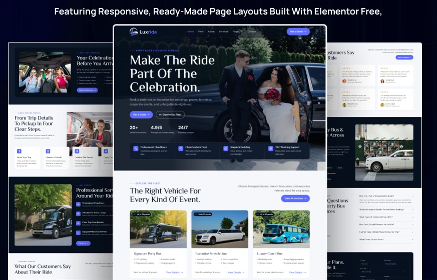 Luxride party bus limo rental luxury transportation WordPress Elementor template kit inner pages