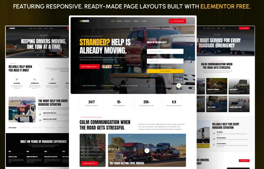Towhub towing roadside assistance vehicle recovery WordPress Elementor template kit inner pages