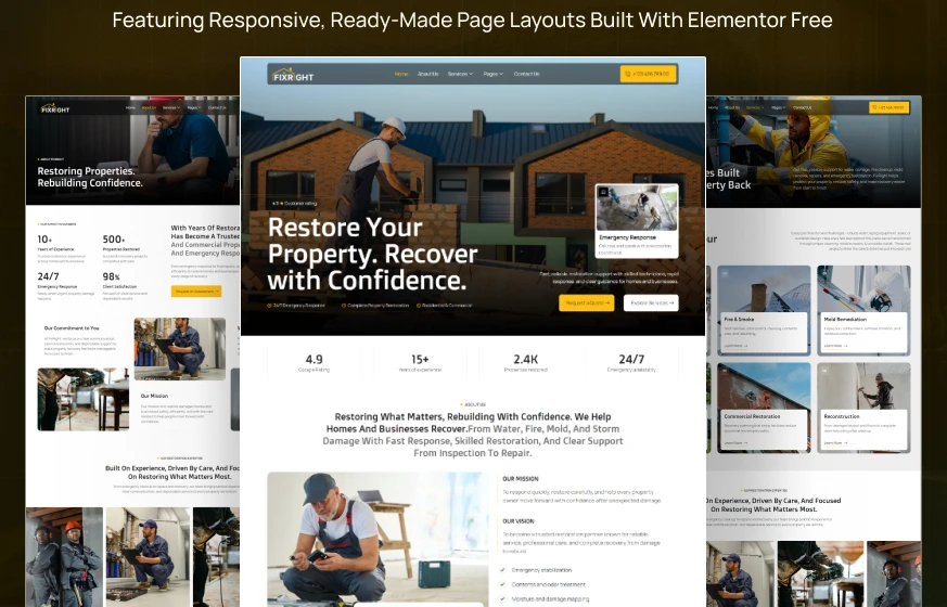 Fixright water damage, fire and mold restoration Elementor template preview