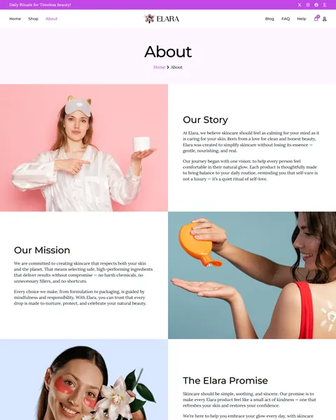 Elara skincare brand About page