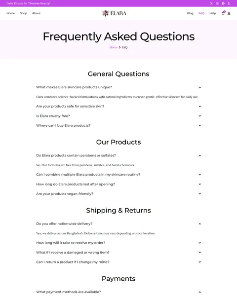 Elara skincare store FAQ page