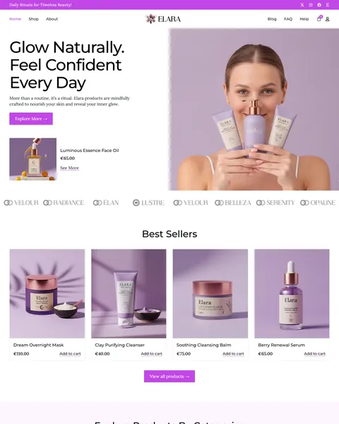 Elara skincare WooCommerce Elementor template kit homepage
