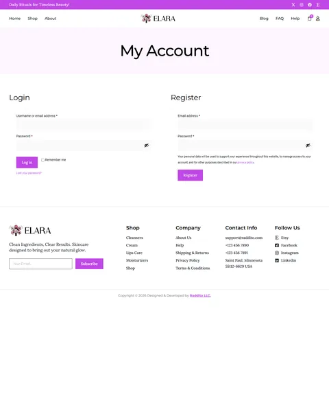 Elara customer account login and register page