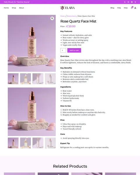 Elara skincare product page with ingredients and how to use