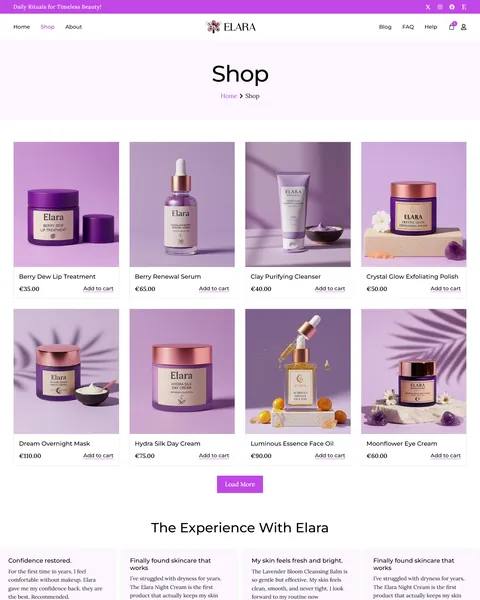 Elara skincare website template shop page