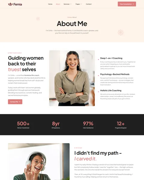 Femia life coaching website template About page