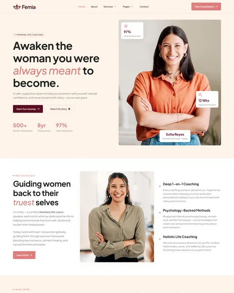 Femia life coach Elementor template kit homepage