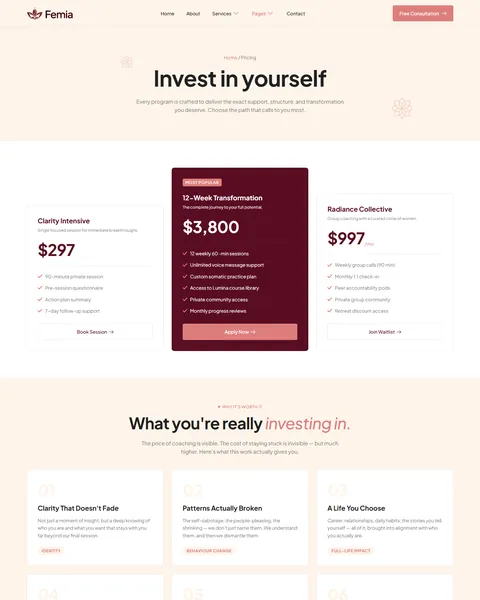 Femia life coach pricing page with three packages