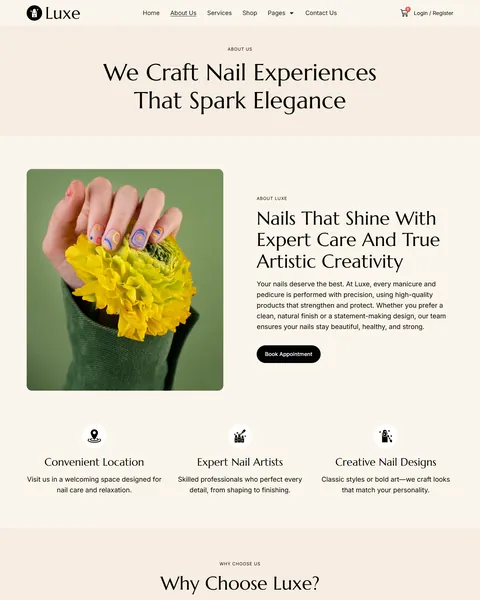 Luxe nail studio website template About page