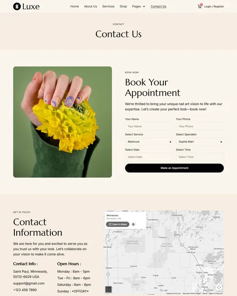 Luxe Contact page with appointment form