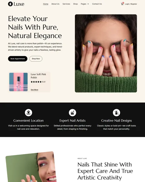 Luxe nail salon Elementor template kit homepage